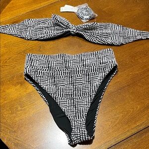Aerie Black and White Polka Dot High Waisted Bandeau Bikini